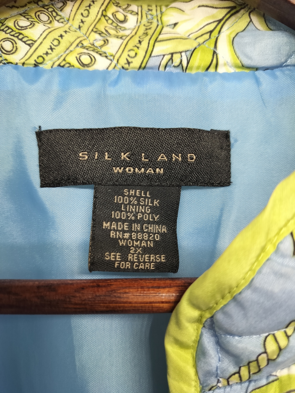 SilkLand 100% Silk Quilted Vest Blue Green Baroque Print 2XL Cottagecore - Picture 7 of 8